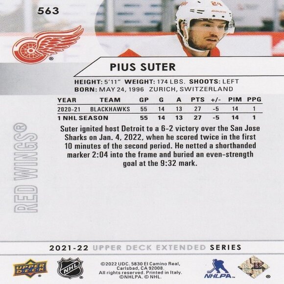 Pius Suter - 2021/2022 Upper Deck Extended Series Hockey Card - Card Number 563 - Picture 2 of 2
